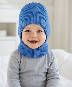 Babyhug Knit Solid Coloured Woollen Monkey Cap Blue - Diameter 11.5 cm