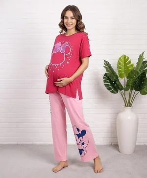 Bella Mama Disney Cotton Knit Half
                              Drop Shoulder Sleeves Oversized Night Suit
                              with Minnie Mouse Graphics - Pink