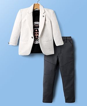 Dapper Dudes Full Sleeves Textured Blazer With Typography Printed Tee & Pant Set - White
