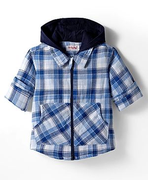 Babyhug Cotton Woven Full Sleeve Hooded Shirt with Kangaroo Pocket & Tartan Checks - Blue