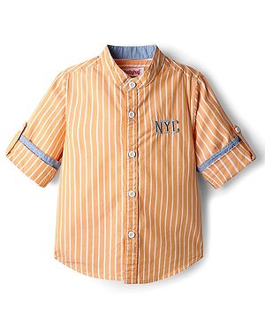 Babyhug Cotton Woven Full Sleeve Striped Shirt with Mandarin Collar - Orange & White