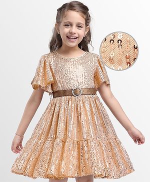 Hola Bonita Knit Half Sleeves Party Dress With Sequin Detailing & Belt - Golden
