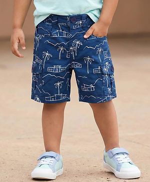 Babyhug Twill Woven Above Knee Length Bermuda With Stretch & Tree Print - Navy Blue