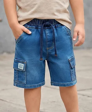 Babyhug Denim Above Knee Length With
                              Stretch Washed Bermuda With Pockets &
                              Lets Surf Text Patch - Blue