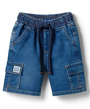 Babyhug Denim Above Knee Length With Stretch Washed Bermuda With Pockets & Lets Surf Text Patch - Blue