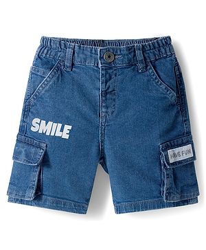 Babyhug Above Knee Length Washed Denim Bermuda With Stretch & Cargo Pockets - Blue