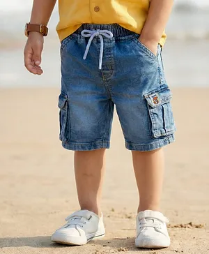 Babyhug Denim Knee Length With
                              Stretch Washed Jamaican With Pockets &
                              Dino Patch - Blue