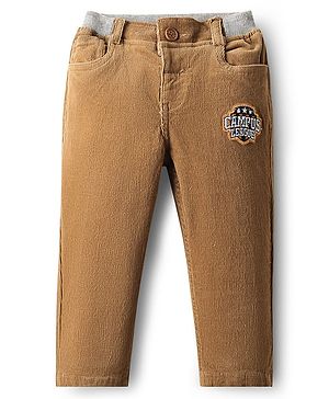 Babyhug Cotton Lycra Corduroy Woven Full Length Solid Coloured Pant With Stretch & Patch - Light Brown