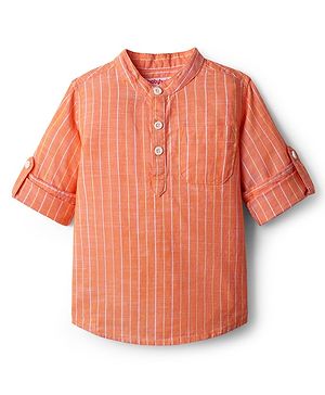 Babyhug 100% Cotton Woven Full Sleeves Mandarin Collar Kurta Style Shirt With Stripes - Orange