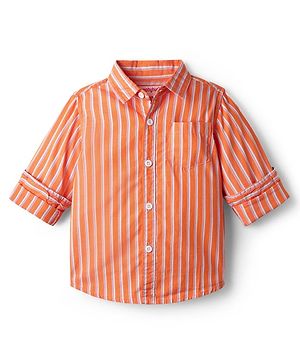 Babyhug Cotton Woven Full Sleeves Striped Shirt - White & Orange