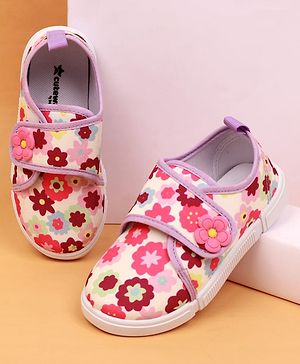 Cute Walk by Babyhug Velcro Closure Floral Printed Casual Shoes With Applique - Purple