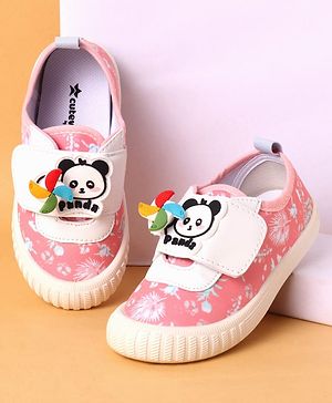 Cute Walk by Babyhug Casual Shoes with Velcro Closure Floral Print & Panda Applique - Pink