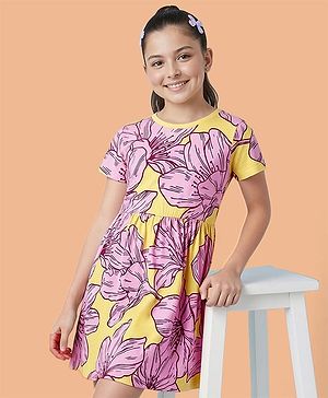 Pine Kids Cotton Knit Half Sleeves One Piece Frock with Floral Print - Multicolor