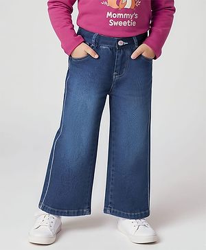 Babyhug Full Length Wide Leg Washed Denim Jeans With Stretch and Lurex Tape  - Navy Blue