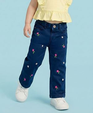 Babyhug Denim Full Length Washed Jeans With Stretch & Floral Embroidery - Navy Blue