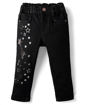 Babyhug Denim Full Length Washed Jeans With Stretch & Star Foil Print - Black
