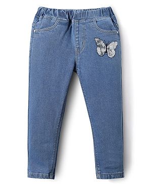 Babyhug Full Length Skinny Fit Denim Jeggings With Stretch & Sequince Butterfly Detailing - Mid Blue