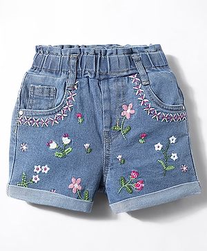 Babyhug Mid Thigh Shorts With Stretch & Floral Embroidery - Blue