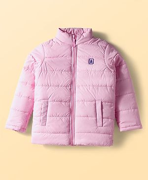 Pine Kids Woven Full Sleeves Front Open Quilted Jacket with High Neck - Baby Pink