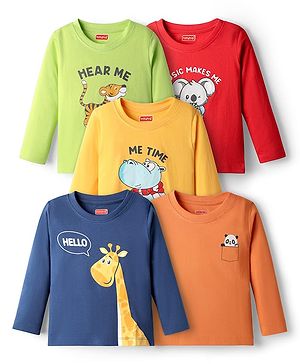 Babyhug 100 % Cotton Knit Full Sleeves T-Shirts with Animal Print Pack of 5 - Navy Blue Red & Yellow