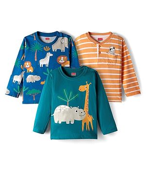 Babyhug 100% Cotton Knit Full Sleeves T-Shirts With Animal & Stripes Pack of 3 - Dark Green Navy Blue & Orange