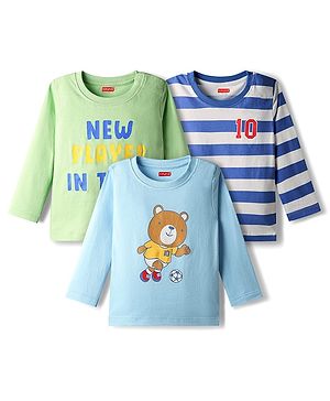 Babyhug 100% Cotton Knit Full Sleeves T-Shirt With Stripes & Animal Print Pack of 3 - Light Blue Light Green & Navy Blue