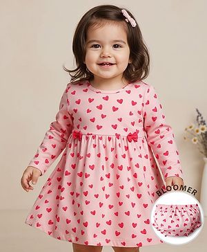 Babyhug Single Jersey Knit Full Sleeves Frock with Bloomer with Heart Print & Bow Applique - Light Pink
