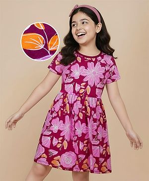 Pine Kids Cotton Knit Half Sleeves Frock with Floral Print - Maroon & Pink