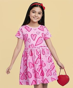 Pine Kids Cotton Knit Half Sleeves Frock with Heart Print -  Pink