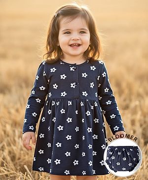 Babyhug 100% Cotton Full Sleeves Floral Printed Frock With Bloomer - Navy Blue