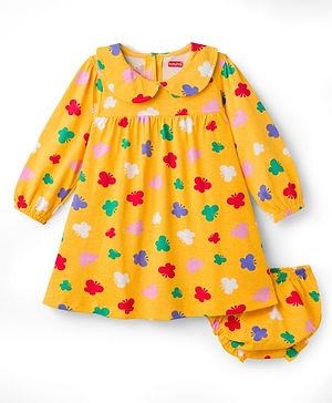 Babyhug Single Jersey Knit Full Sleeves Peter Pan Collar Frock With Bloomer & Butterfly Print - Yellow
