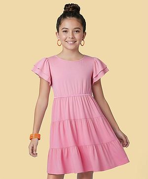 Pine Kids Viscose Woven Flutter Sleeves Solid Color Frock - Pink