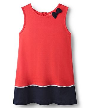 Babyhug Single Jersey Knit Sleeveless Solid Frock with Cut & Sew Design & Bow Applique - Red & Navy Blue