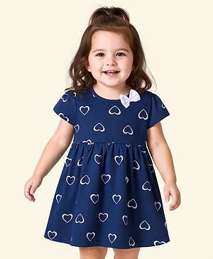 Babyhug Single Jersey Knit Cap Sleeves Frock With Heart Print - Navy Blue