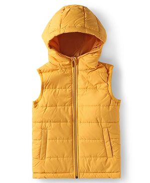 Babyhug Woven Sleeveless Solid Padded Hooded Jacket - Yellow