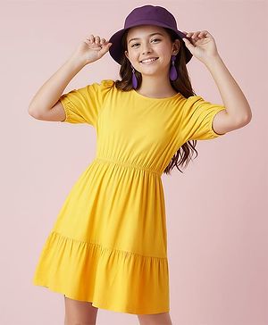Pine Kids Woven Half Sleeves Solid Color Frock - Yellow