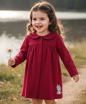 Babyhug Single Jersey Knit Full Sleeves Unicorn Printed Frock With Peter Pan Collar - Red