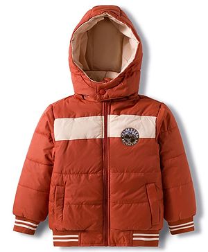 Babyhug Woven Full Sleeves Hooded Padded Jacket with Patch Detailing - Brown