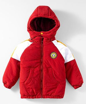 Babyhug Woven Full Sleeves Padded Jacket With Detachable Hood Kangaroo Pocket & Cut & Sew - Rust Orange