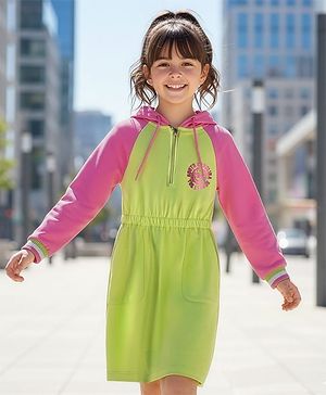 Pine Kids 100% Cotton Full Raglan Sleeves Hooded Sweatshirt Dress- Lime Green & Pink
