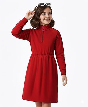 Pine Kids Cotton Knit Full Raglan Sleeves Solid Colour Winter Dress - Maroon