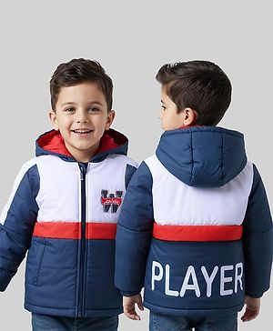 Babyhug Woven Full Sleeves Hooded Padded Jacket With Text Patch - White & Navy Blue