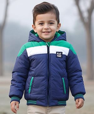 Babyhug Woven Full Sleeves Padded Hooded Jacket With Patch Detailing - Navy Blue