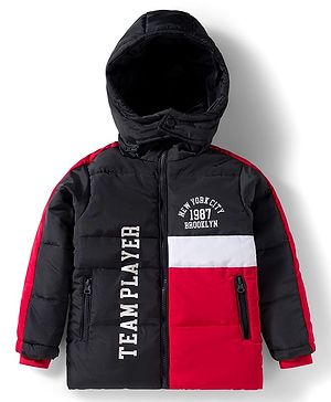 Babyhug Woven Full Sleeves Hooded Padded Jacket With Text Print & Detachable Hood - Red & Navy Blue