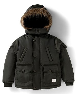 Babyhug Woven Full Sleeves Solid Hooded Padded Jacket With Detachable Hood - Dark Green