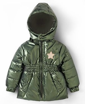 Babyhug Woven Full Sleeves Padded Hooded Jacket with Sequin Star Design - Olive Green