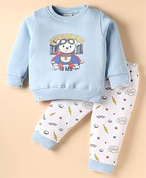 Ollypop Fleece Knit Full Sleeves Superhero Teddy Printed Winter Night Suit With Diaper Pant - Light Blue