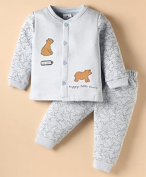 Ollypop Fleece Knit Full Sleeves Bear Printed Front Open Winter Night Suit - Light Blue