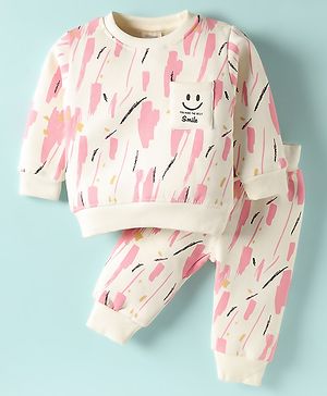 Ollypop Fleece Knit Full Sleeves Abstract Printed Co-Ords Winter Night Suit With Diaper Pant - Pink & White