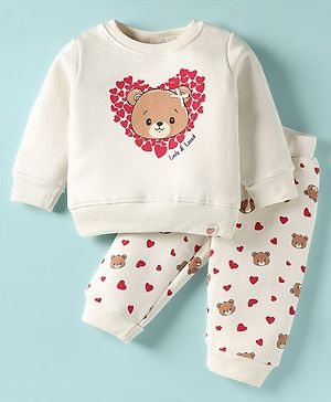 Ollypop Fleece Knit Full Sleeves Hearts & Teddy Bear Printed Winter Night Suit - Cream